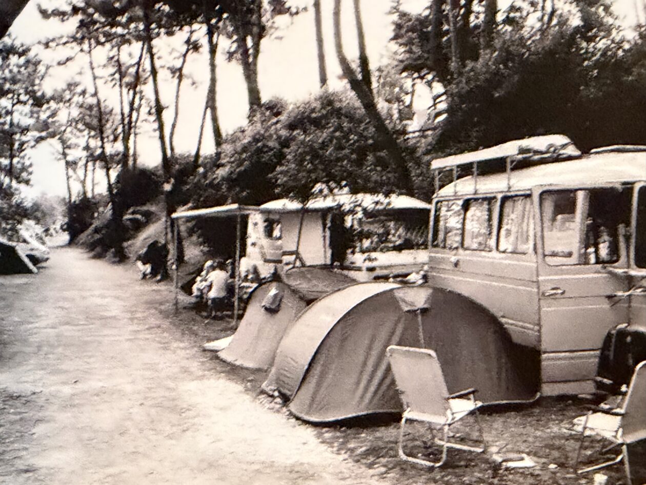 Zwart wit foti van een camping in Spanje met rechts een rij campers in de schaduw van een bomen rij