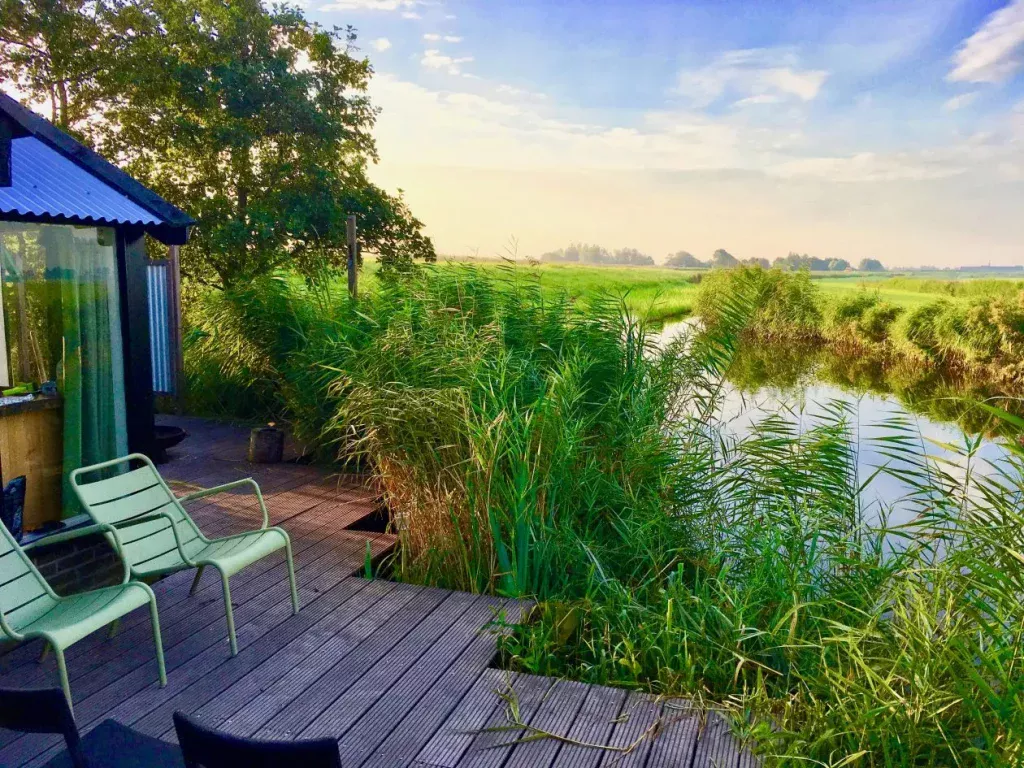 Tinyhouse met twee stoelen ervoor met uitzicht op een slootje en rietkraag