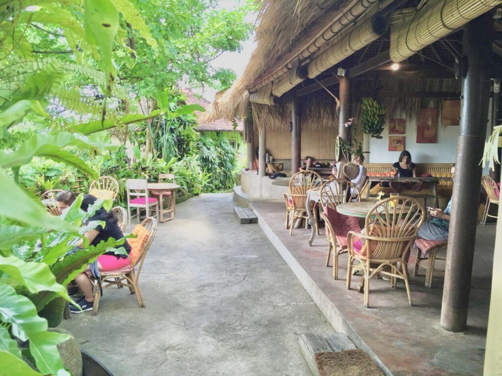 Cafe in de tropen met jungle achtergrond met rechts een open terras met afdak
