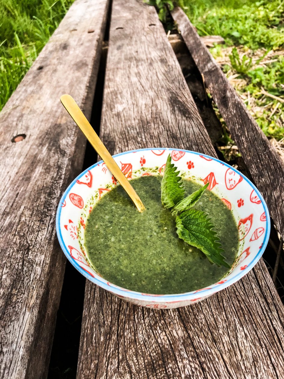 twee houten balken met daarop een soepkom met een groene soep erin