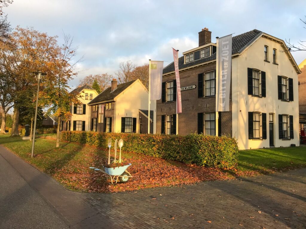 drie historische panden met een blauwe kruiwagen ervoor in de herfst