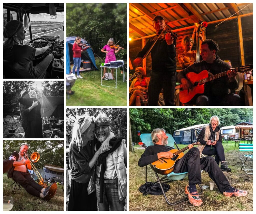 mensen in een bos met muziek instrumenten