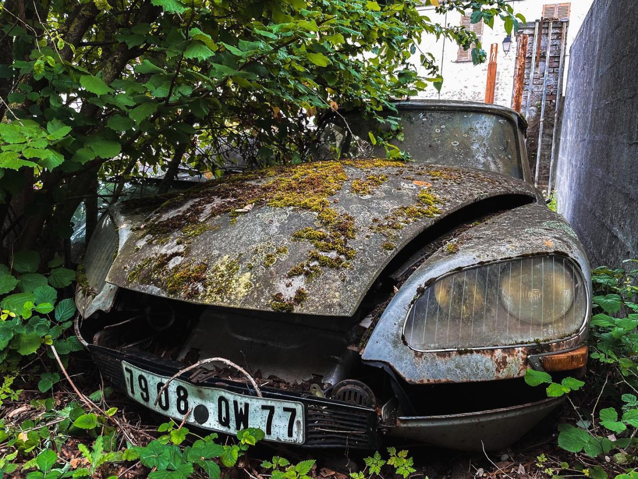 oude roestige Citroën DS in een tuin