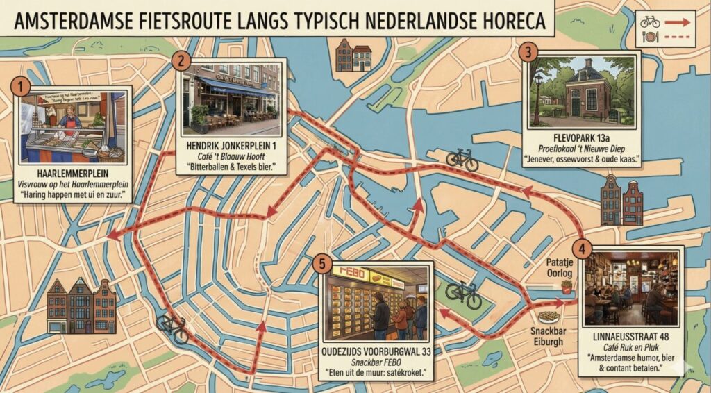 Plattegrond van Amsterdam met een fietsroute erop
