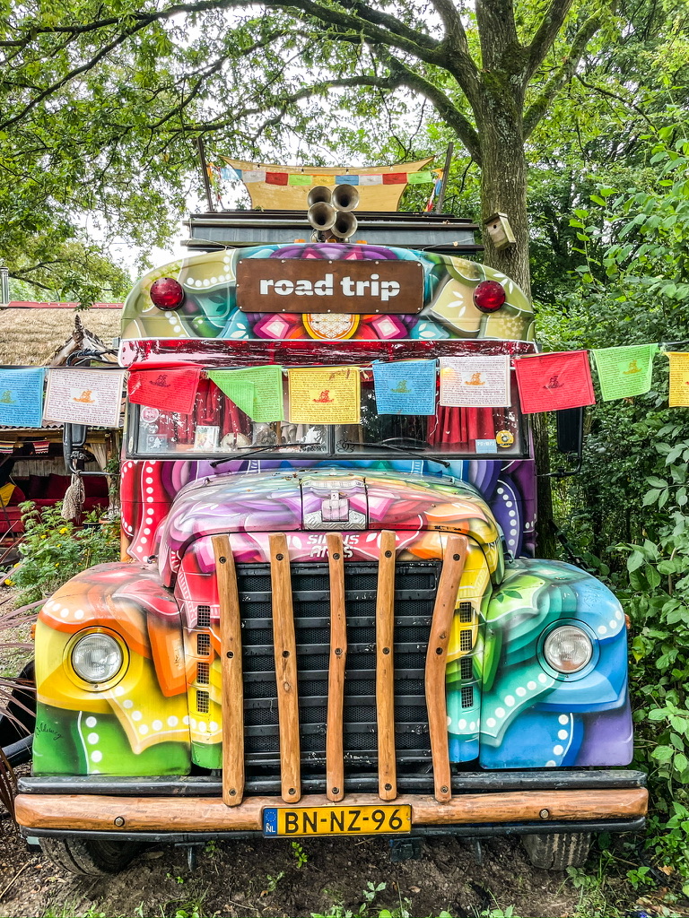 kleurrijke camper in een bos