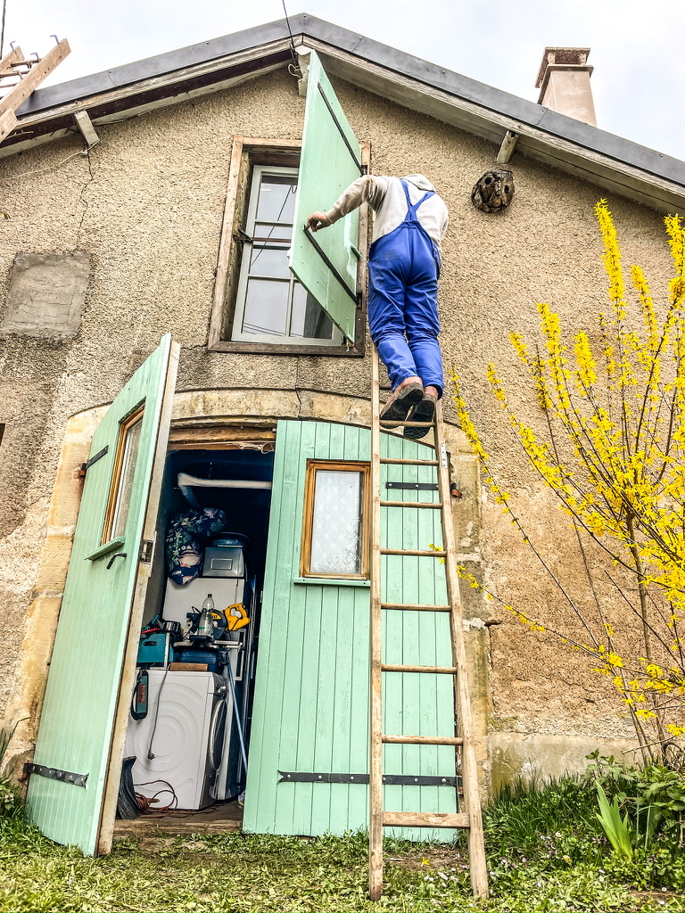 man op trap schildert luik groen