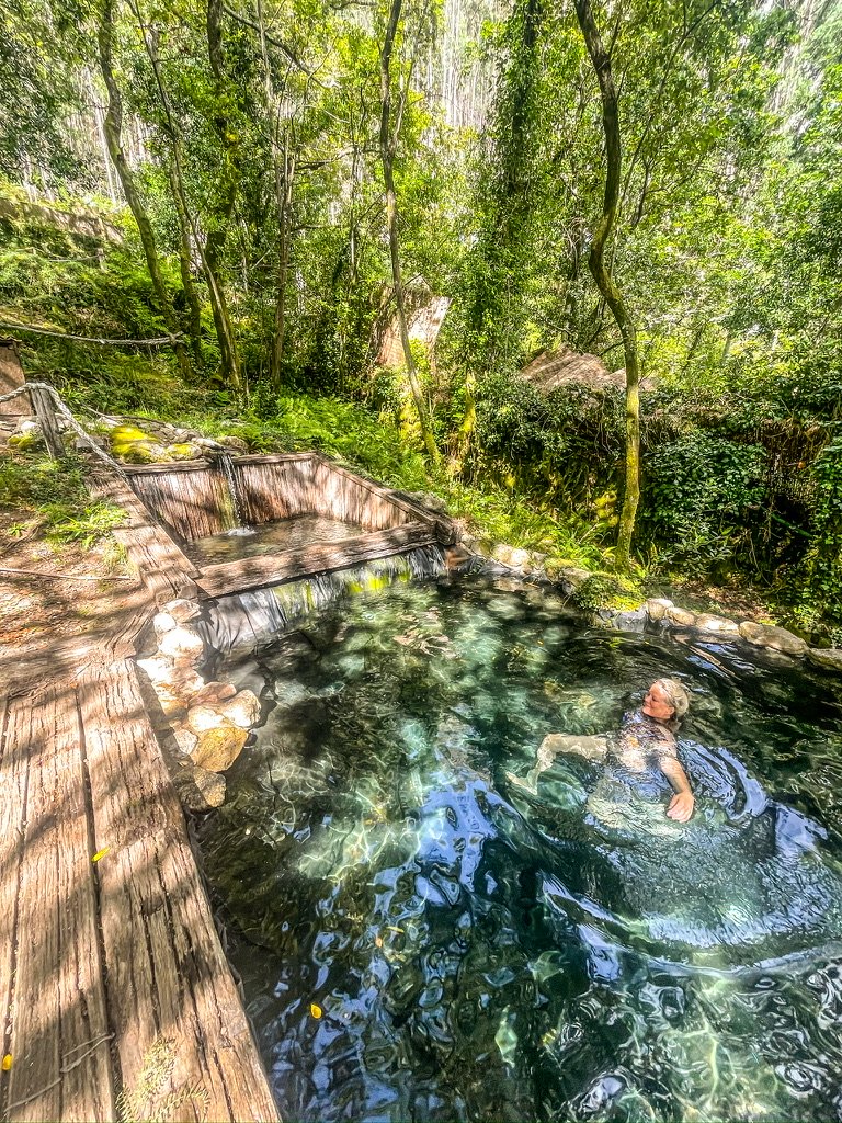 een natuurlijk zwembad met een vrouw erin omzoomd door bos